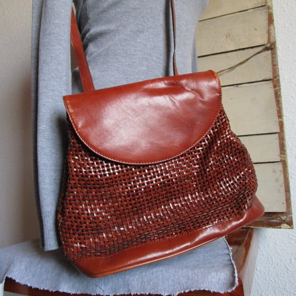 Brown leather wicker style handbag with long strap. Bruno Lorelli. 12x10" Used. - Picture 10 of 12